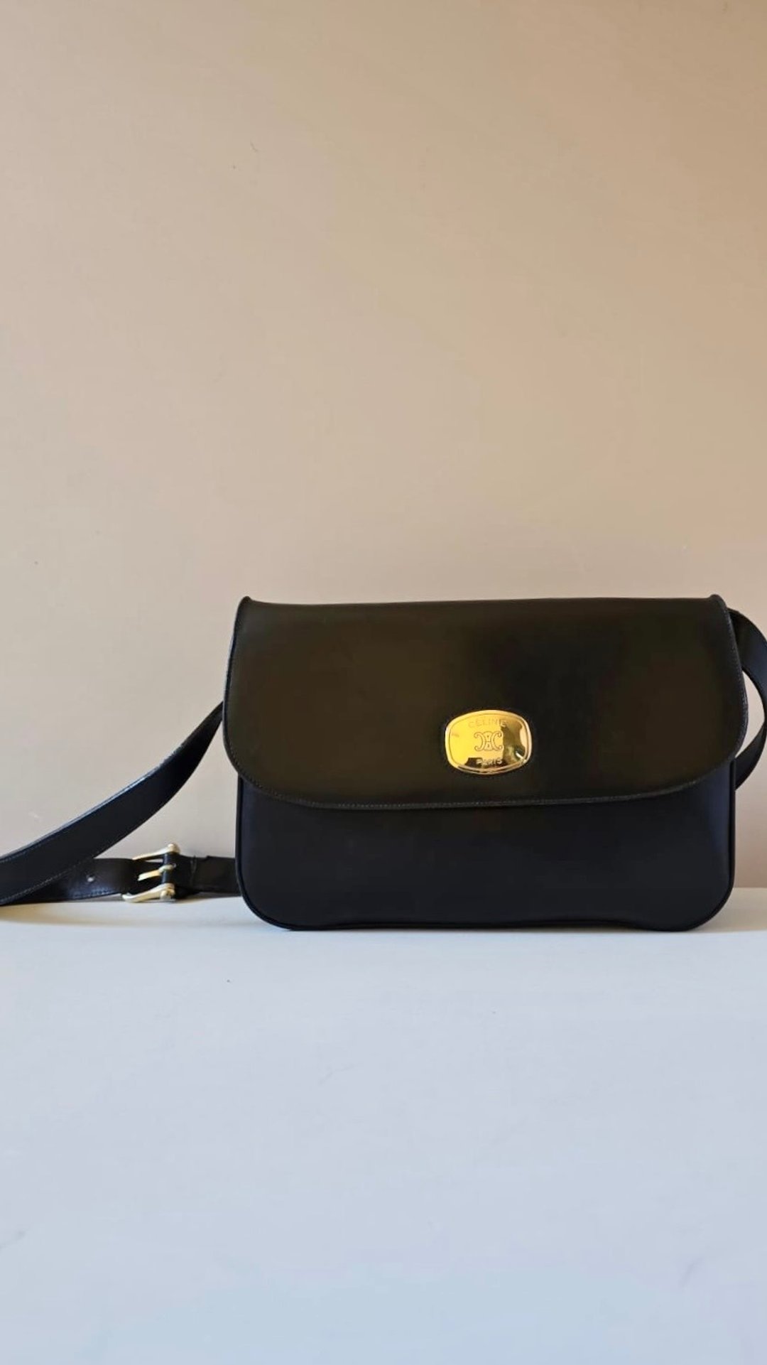 绝版古董包 Celine 黑金色侧背包 斜背包 皮革包 单肩包 中古包 - 侧背包/斜挎包 - 真皮 黑色