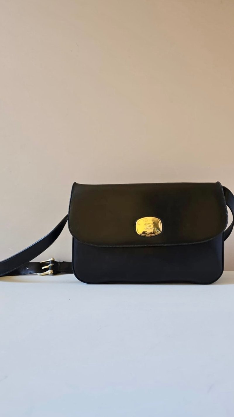 绝版古董包 Celine 黑金色侧背包 斜背包 皮革包 单肩包 中古包 - 侧背包/斜挎包 - 真皮 黑色