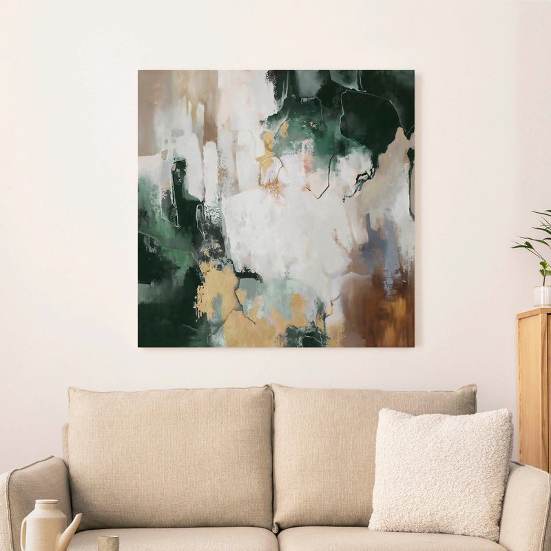 绿色抽象画布画作 | 大型绿色金箔抽象艺术 | 绿色洪流 - 墙贴/壁贴 - 棉．麻 绿色