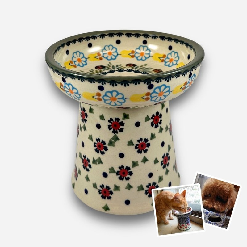 波兰手绘手工陶-宠物碗 高脚碗 猫咪/小型犬适用 14cm - 碗/碗架 - 陶 多色
