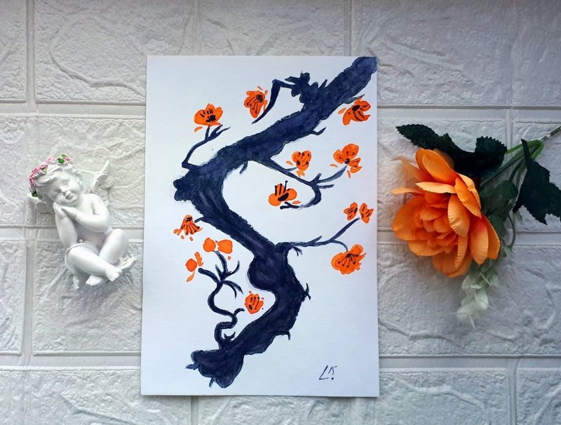 老桃红日式水彩画，亚洲花朵，美丽 - 墙贴/壁贴 - 纸 多色