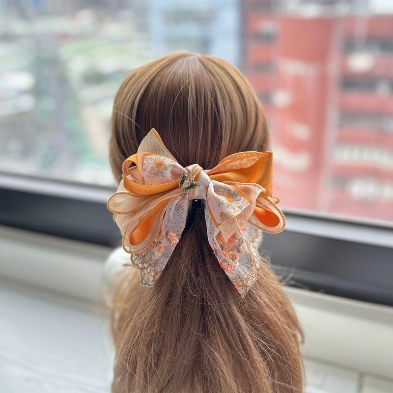 卷边纱蕾丝蝴蝶结相交夹香蕉夹仙女夹发夹-粉橘色古风 - 发饰 - 其他材质 橘色