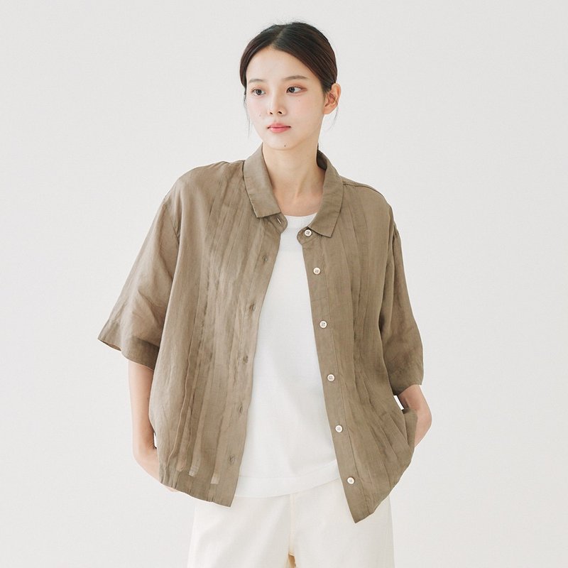 【Simply Yours】打褶苎麻衬衫 灰咖F - 女装衬衫 - 棉．麻 卡其色