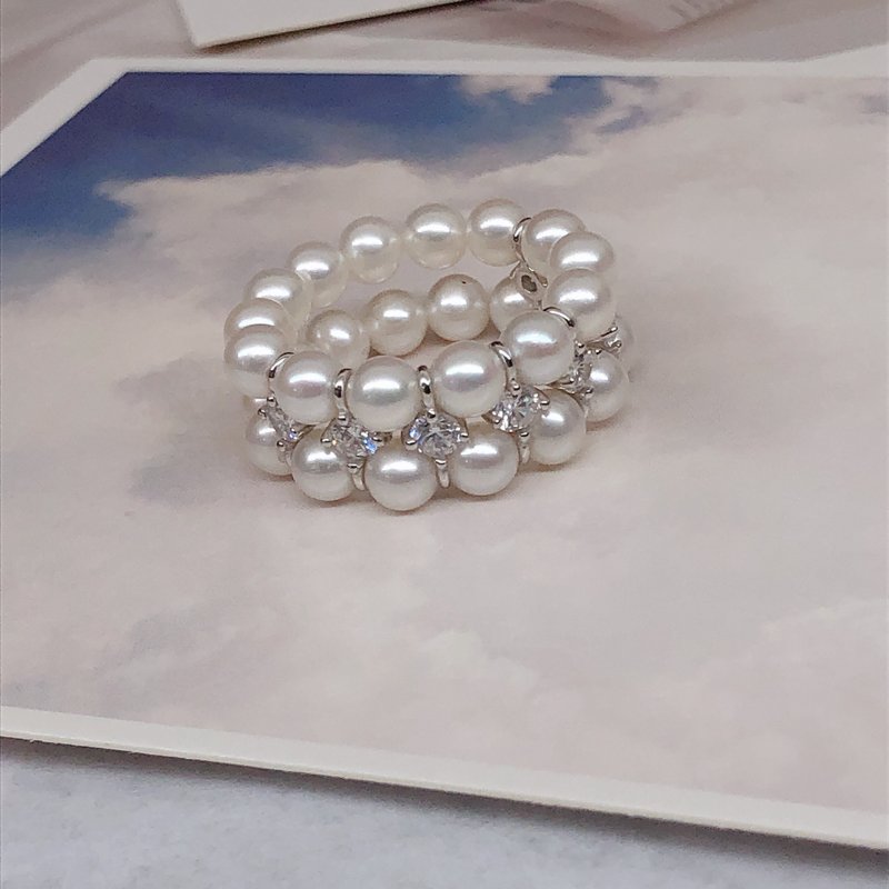 PJ 双层珍珠弹性豪华戒指 - 戒指 - 珍珠 