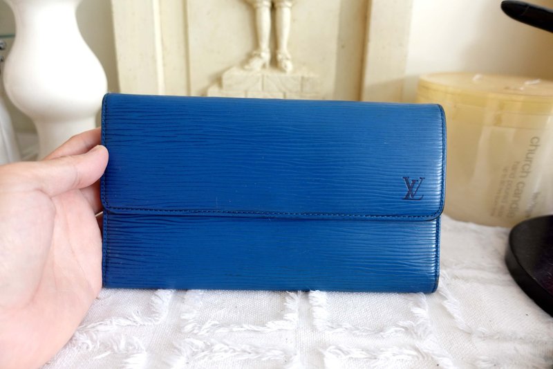 法国名牌LOUIS VUITTON LV中古优质 蓝色竹节纹真皮三折钱包银包 - 皮夹/钱包 - 真皮 蓝色