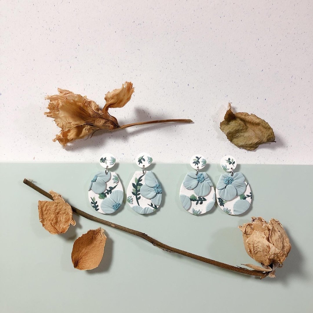 原创手工软陶耳环--浮雕花几何大水滴耳环 - 耳环/耳夹 - 陶 绿色