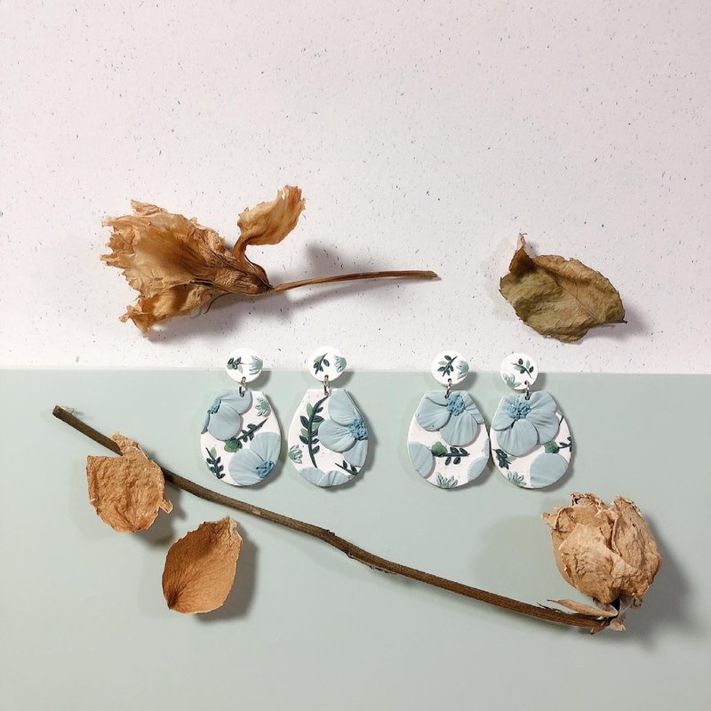 原创手工软陶耳环--浮雕花几何大水滴耳环 - 耳环/耳夹 - 陶 绿色