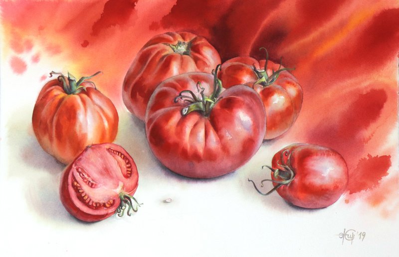 Tomato wall art original watercolor painting by artist Irina Zhunaeva - 墙贴/壁贴 - 纸 红色