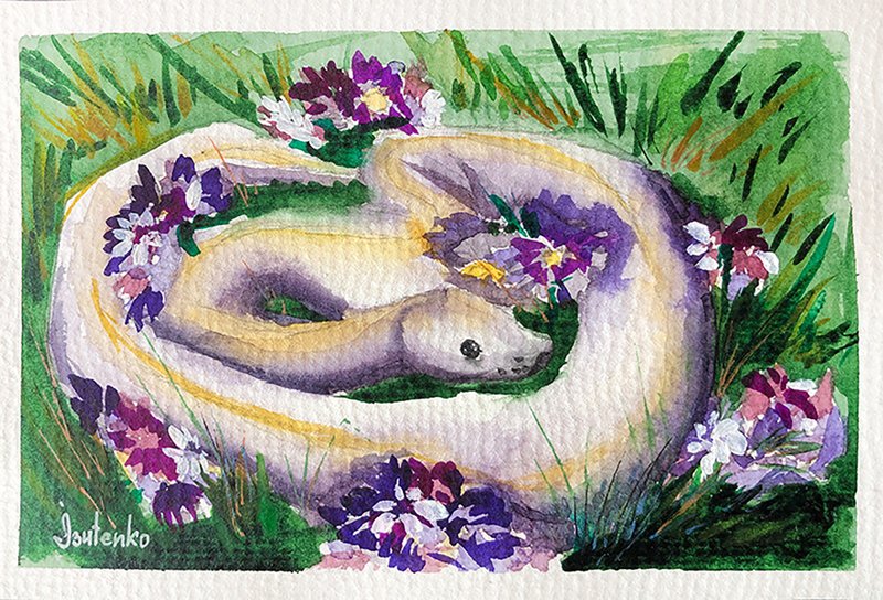 White Snake Painting Floral Original Art Boa Watercolor Artwork Python Wall Art - 海报/装饰画/版画 - 纸 绿色