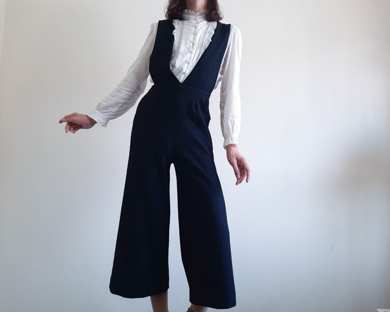 复古 100% 黑色羊毛工装裤阔腿裤 黑色羊毛连身裤 - 背带裤/连体裤 - 羊毛 黑色