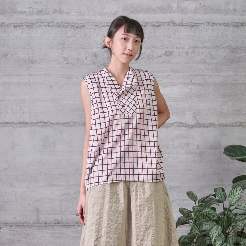 棋格半开襟翻领无袖上衣 - 女装背心 - 棉．麻 多色