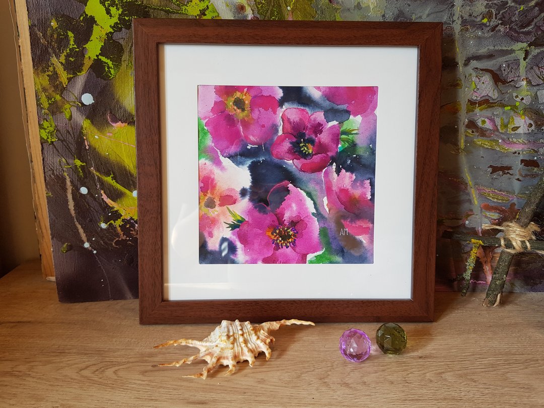 Original Anemone flower artwork hand painted  mixed technique framed - 墙贴/壁贴 - 其他材质 