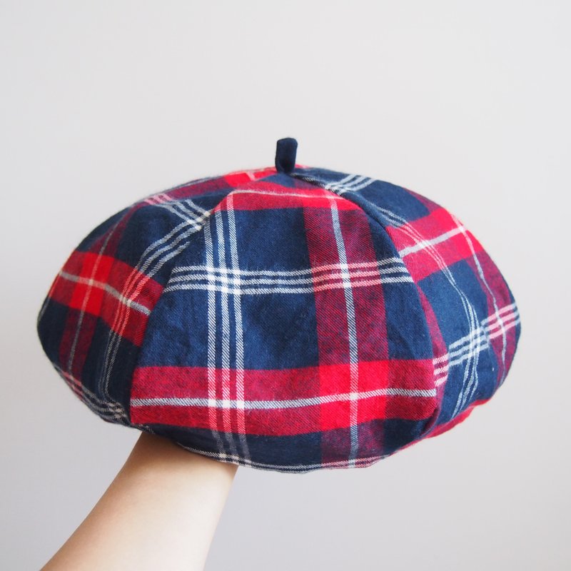 红蓝格子 手工双面帽子 六角帽 画家帽 - 帽子 - 其他材质 蓝色