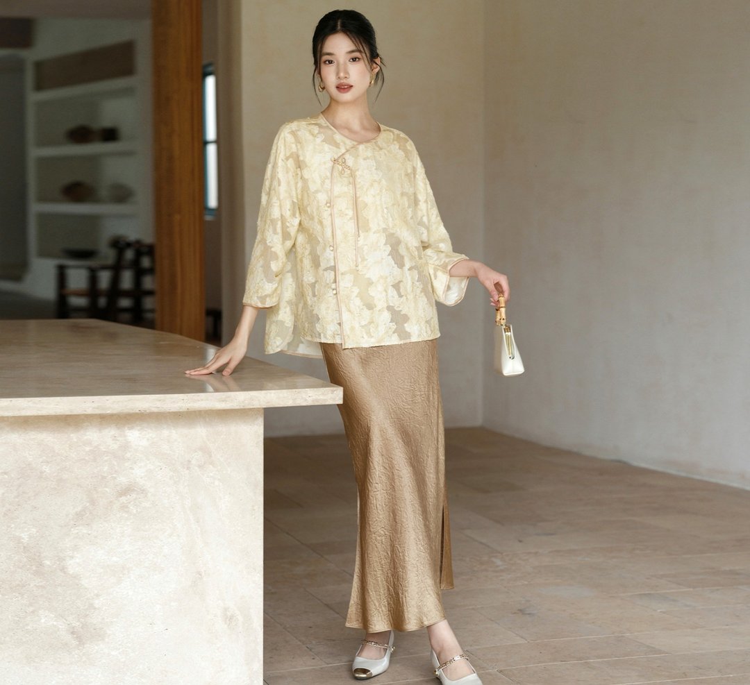 【缃叶黄】新中式复古中国风 剪花盘扣/寬鬆上衣/半裙 - 女装上衣 - 其他材质 黄色