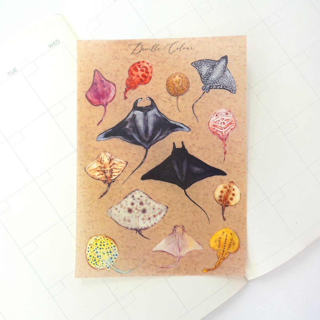【Manta】魔鬼鱼 魟鱼 水彩插画 和纸贴纸 手帐 海洋 海洋生物 - 贴纸 - 纸 卡其色