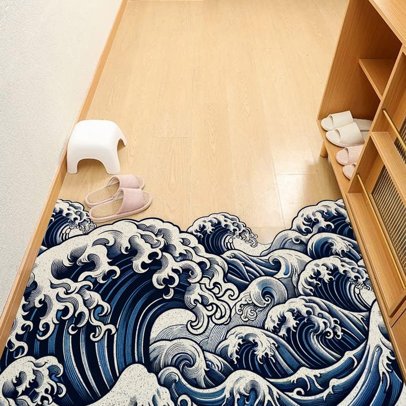 日式藍色海浪地垫现代简约玄关进门刮土蹭泥脚垫家用门口防滑除尘 - 地垫/地毯 - 聚酯纤维 多色