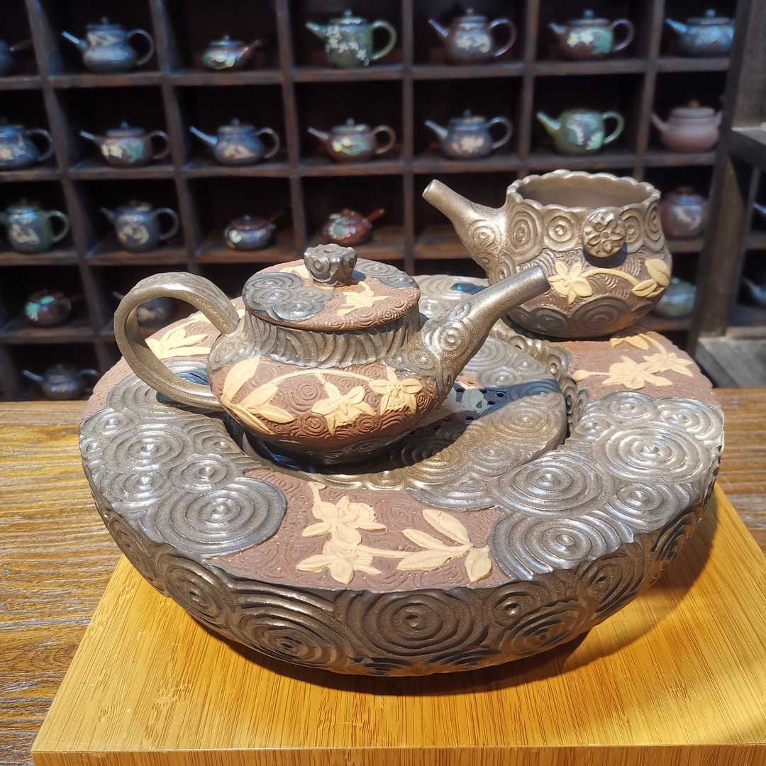 手工制作-花壶系列-兰花茶具套组 - 茶具/茶杯 - 陶 咖啡色