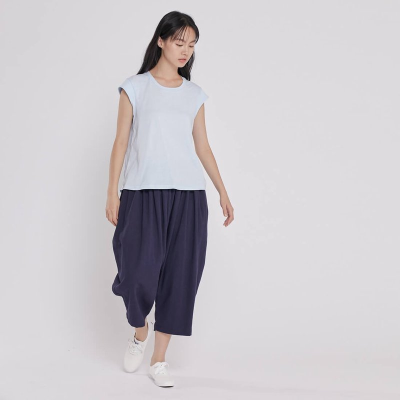 Bruce水洗棉麻低檔飛鼠褲/深藍 - 女装长裤 - 棉．麻 蓝色