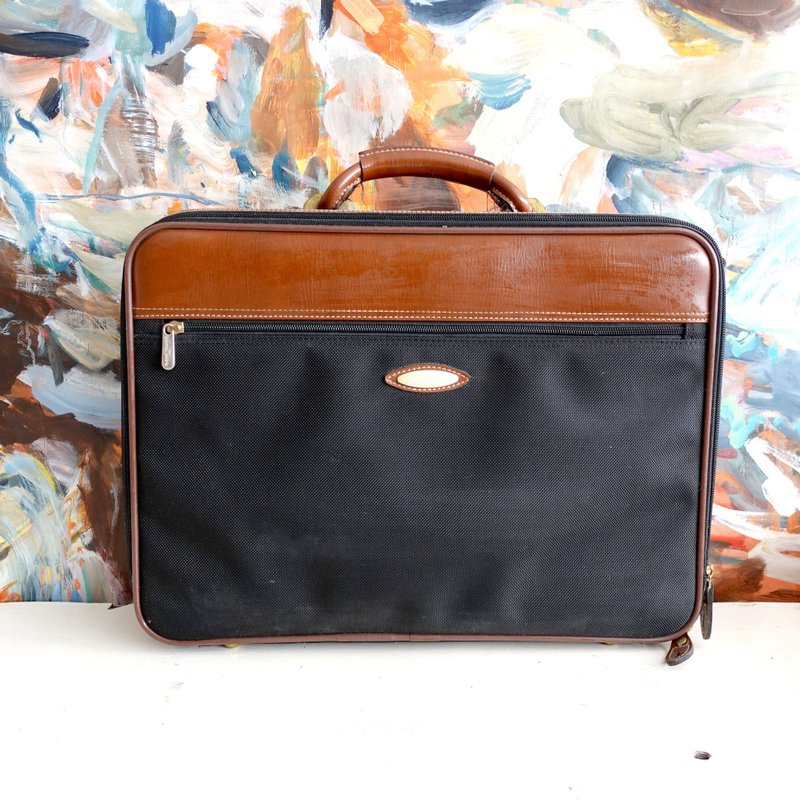 日本中古70年代怀旧式真皮帆布墨绿色电脑旅行轻便手提包箱行李包 - 手提包/手提袋 - 尼龙 黑色