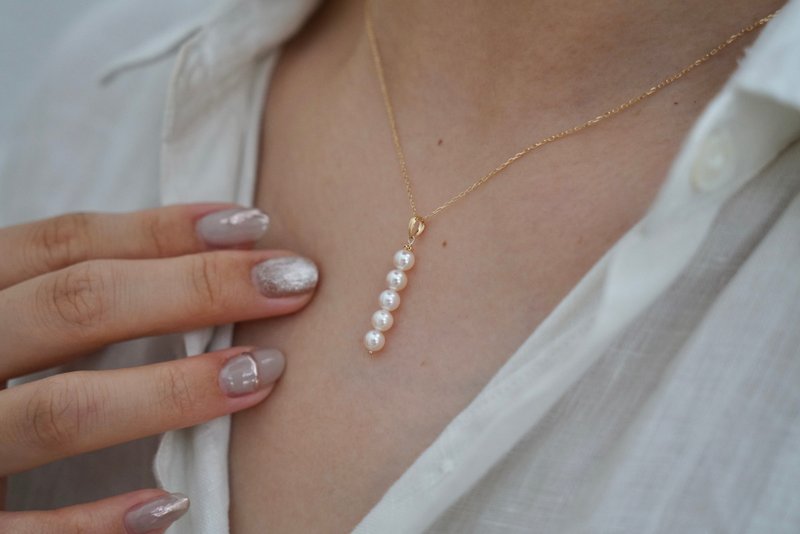 极简ins风 akoya珍珠项链 4.5-5mm五粒竪条项链 10k金 锁骨项链 - 项链 - 珍珠 白色