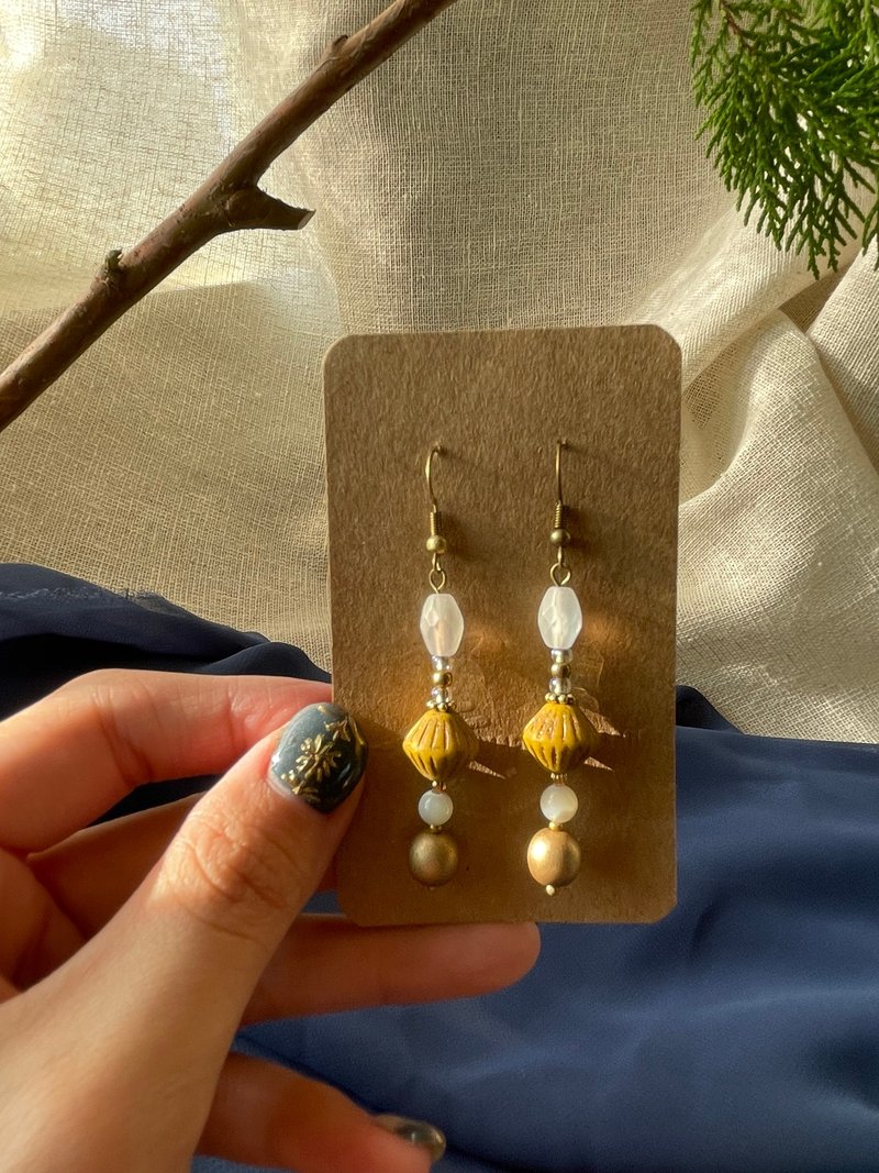 复古珍珠长串系列 - 耳环/耳夹 - 珍珠 金色