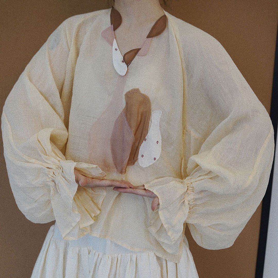 生花苧麻燈籠袖藝術罩衫 / 小眾設計慵懶款 / 中國風顯瘦上衣 - 女装上衣 - 棉 白色