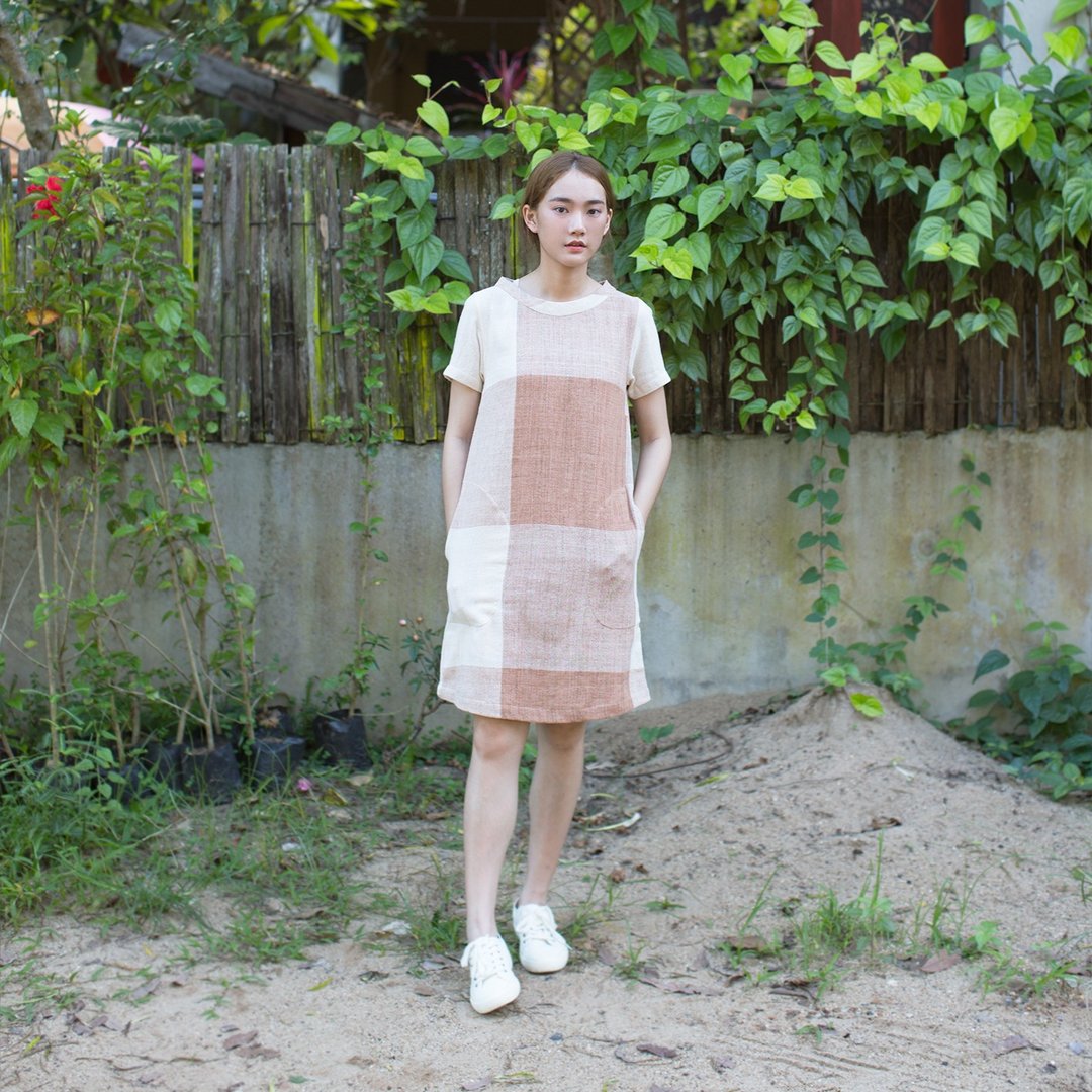 Zen Garden #5 / Tan Plaid Round Neck Short Sleeve Knee Length Dresses  - 洋装/连衣裙 - 棉 橘色