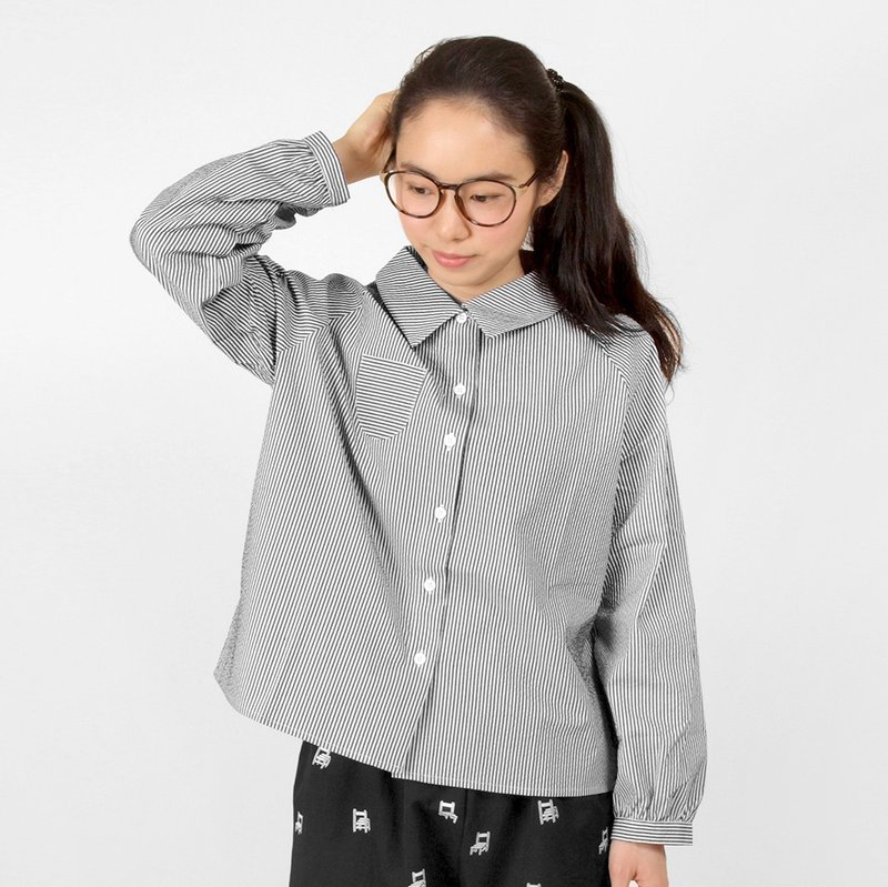 【HEYSUN】小学校系列/绢印课桌椅口袋拼接条纹衬衫 - 女装衬衫 - 聚酯纤维 黑色