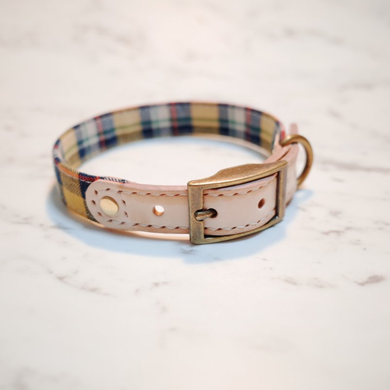 狗 项圈 M号 微热秋天 黄绿 格纹 日本布 可加购吊牌 赠铃铛 - 项圈/牵绳 - 棉．麻 
