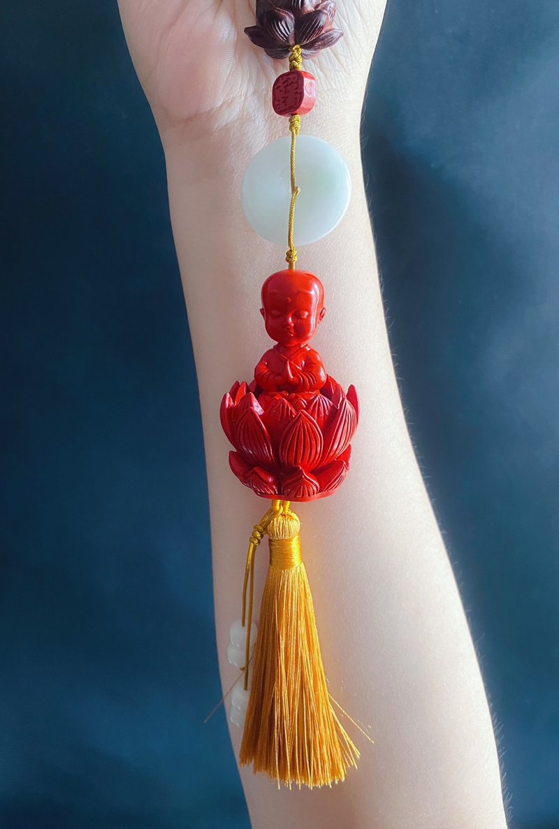 天然缅甸翡翠 平安扣 小沙弥 莲花 朱砂 菩提 保平安 挂件 车挂 - 吊饰 - 玉石 红色