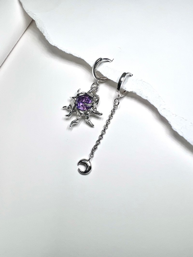 紫水晶太阳/月亮垂坠 纯银 宝石 耳环扣 - 耳环/耳夹 - 纯银 紫色