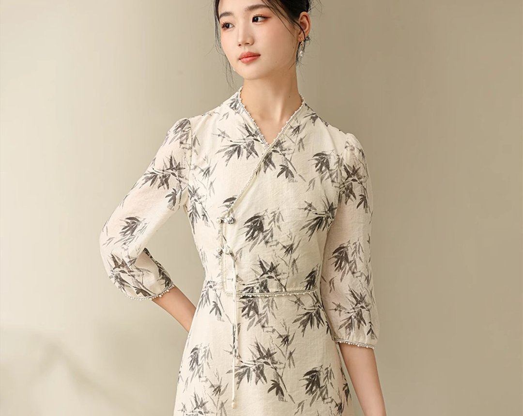 魅影 新中式复古中國風 精致珍珠气质印花天丝洋装 - 洋装/连衣裙 - 丝．绢 白色