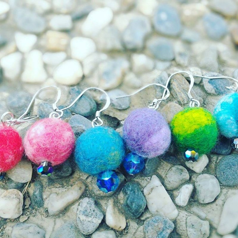 好哦手作 · 混色羊毛毡球纯银耳勾 - 耳环/耳夹 - 羊毛 多色