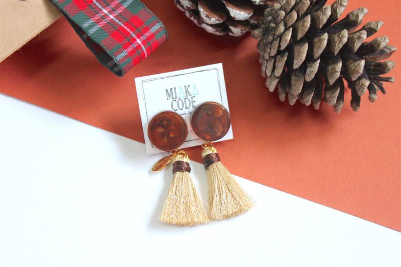 啡色琥珀纹金色流苏耳环/夹式耳环 秋冬 聖誕 - 耳环/耳夹 - 纸 咖啡色