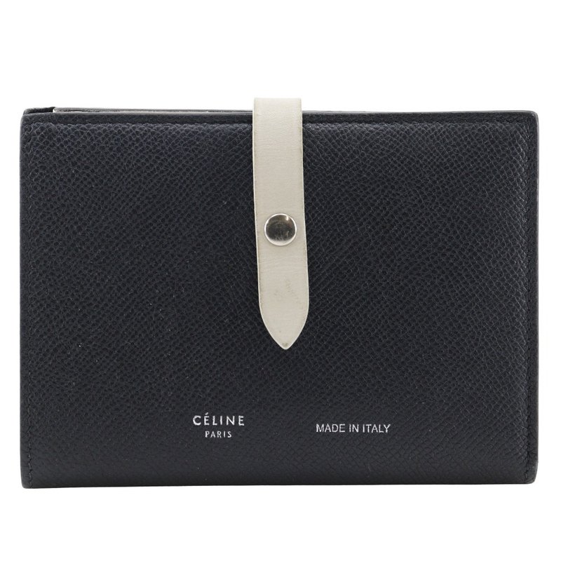 【日本直送】赛琳 CELINE Medium Strap 双折长夹 小牛皮 黑/米白 女性【二手】 - 皮夹/钱包 - 真皮 黑色