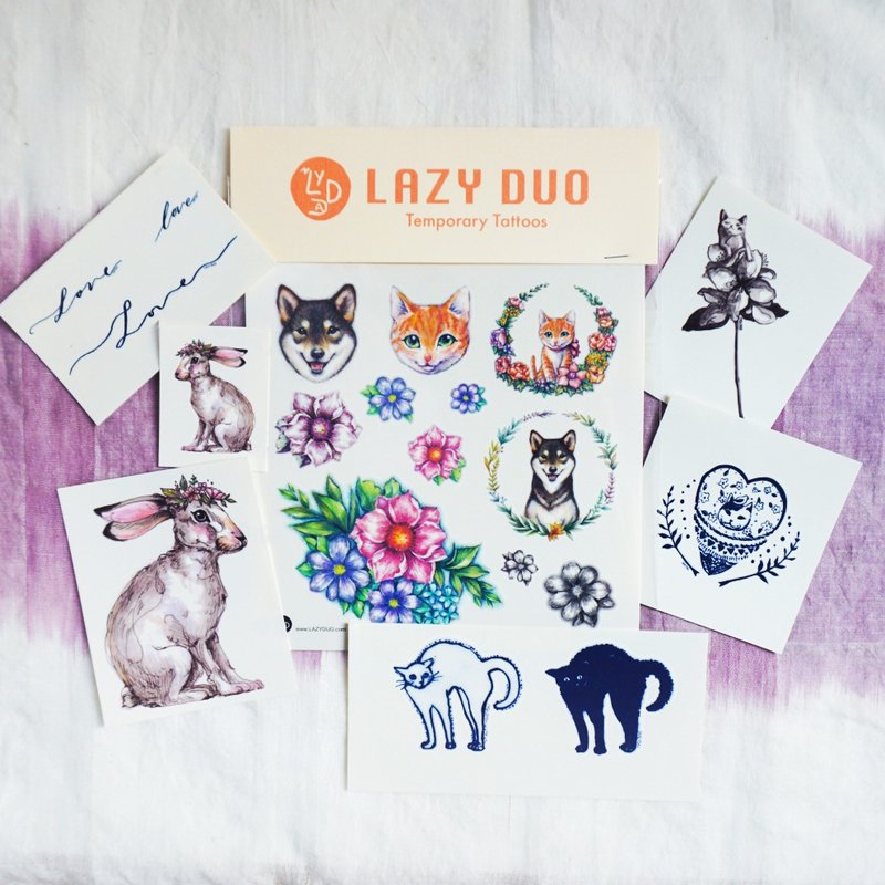 Goody Bag - LAZY DUO手绘刺青纹身贴纸｜福袋C・猫奴／水彩兔子／柴犬／小花草 · - 纹身贴 - 纸 多色