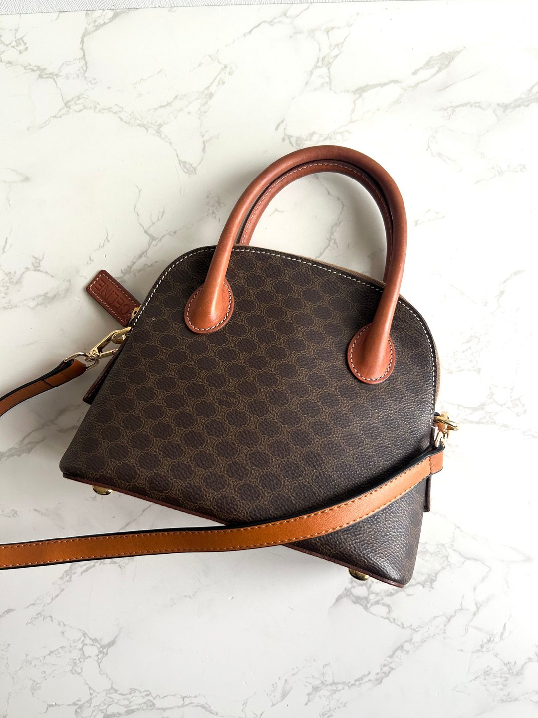 Celine 贝壳小凯莉 中古包 单肩包 斜背包 侧背包 手提包 古董包 - 侧背包/斜挎包 - 真皮 咖啡色