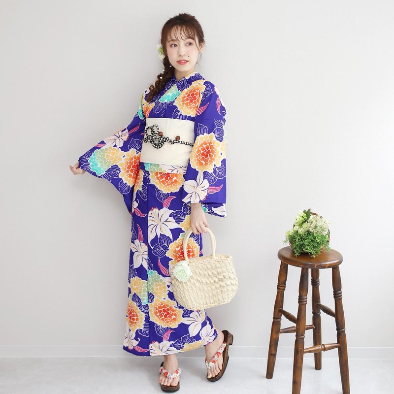 日本 和服 聚酯纤维 梭织 女性 浴衣 腰封 2件组 F x81-101b - 其他 - 其他人造纤维 蓝色