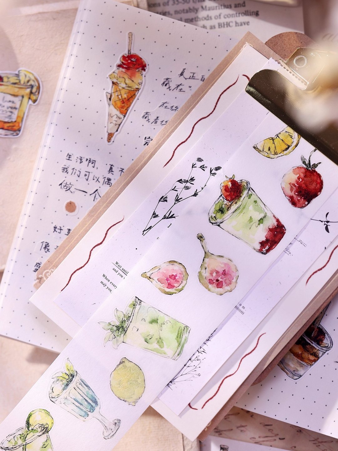 清凉一夏  轻复古盐系饮品和纸PET 模切手帐 胶带拼贴 - 纸胶带 - 纸 卡其色