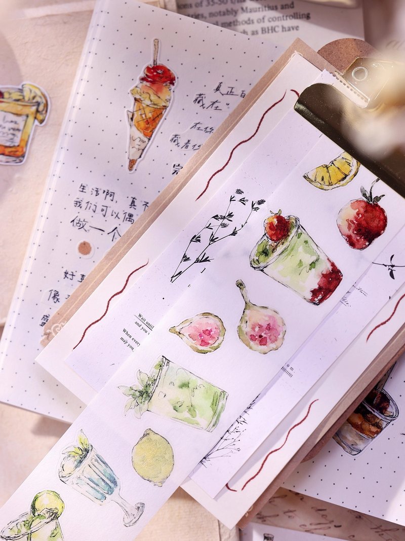 清凉一夏  轻复古盐系饮品和纸PET 模切手帐 胶带拼贴 - 纸胶带 - 纸 卡其色