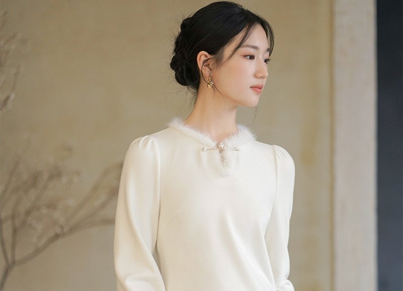 新中式中國風 袖口织金 水滴v领双面羊绒感上衣 - 女装上衣 - 其他材质 白色