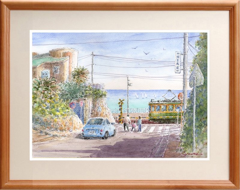 水彩原画 江之电镰仓高中道口16 - 海报/装饰画/版画 - 纸 蓝色