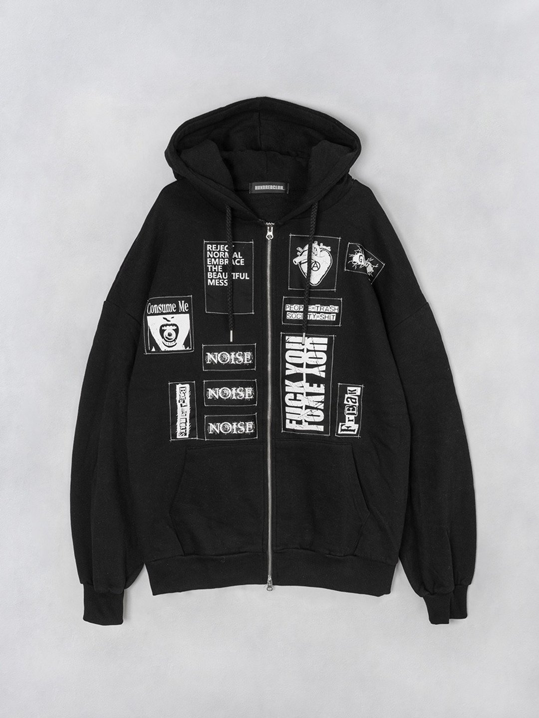 庞克补丁连帽衫 / 黑色 / F 尺寸 / 男女皆宜 / hundredclub / hellcatpunks / hrc-PK0004 - 中性连帽卫衣/T 恤 - 棉 黑色