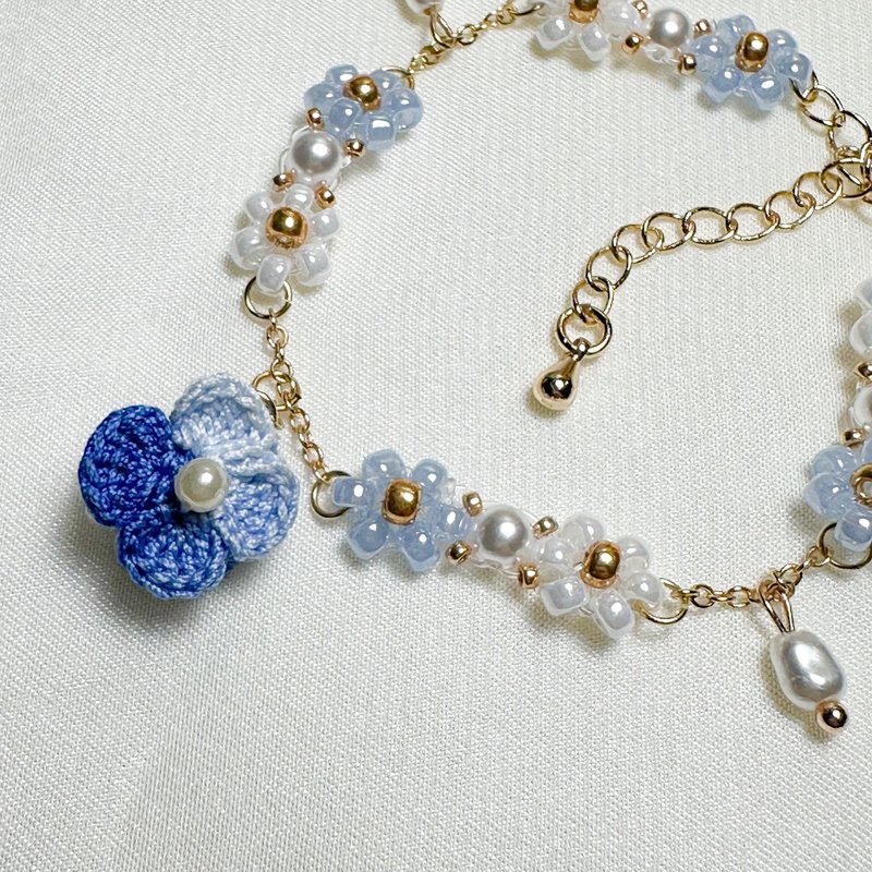 小蓝花日和 手链 手环 微钩 钩针 立体 情人节礼物 - 手链/手环 - 棉．麻 蓝色