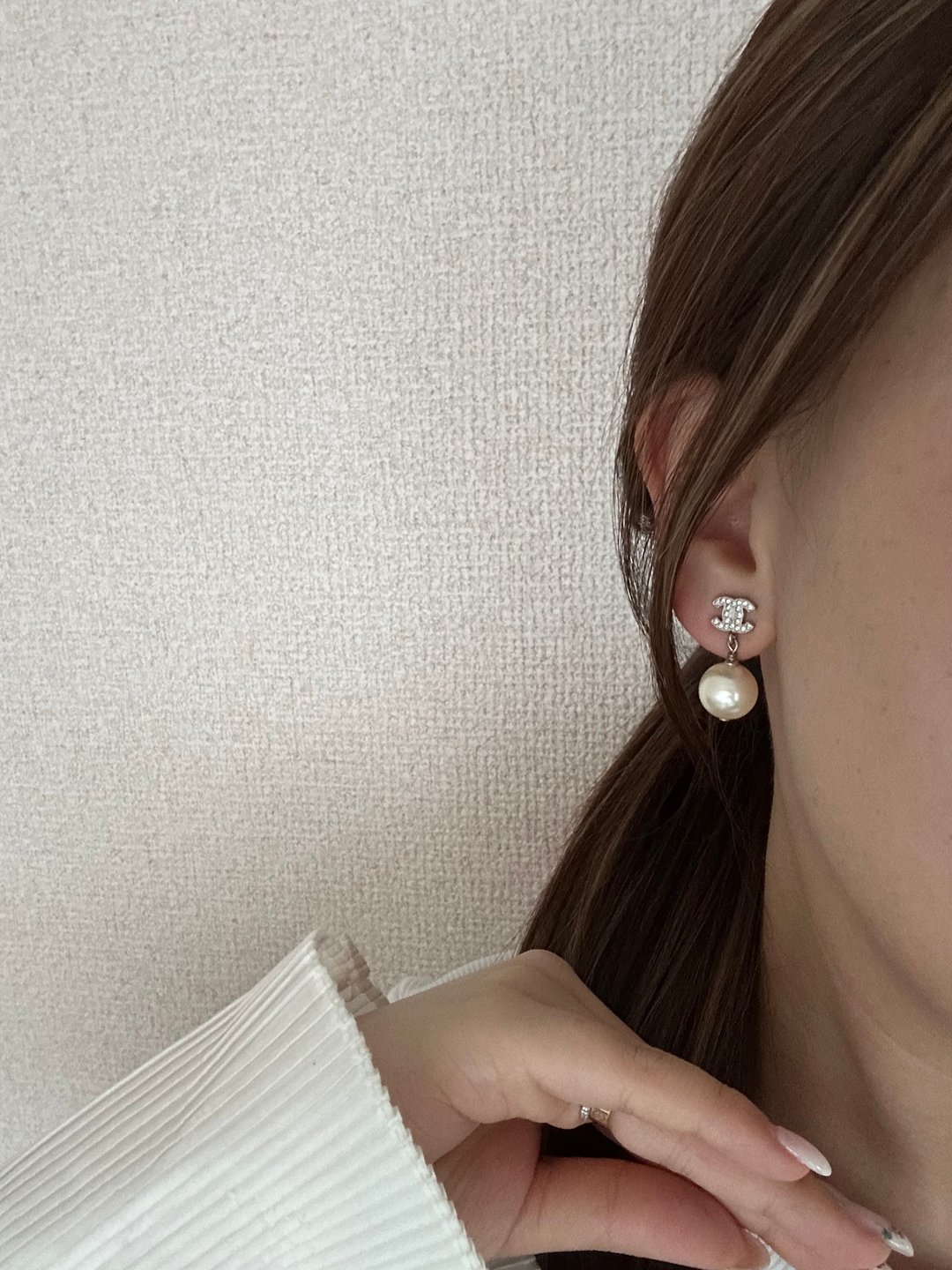 中古品 Chanel cc闪钻珍珠耳钉 - 耳环/耳夹 - 其他金属 银色