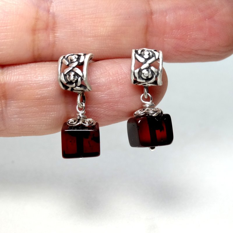 耳环 深棕色 琥珀 方块珠 925银饰 宝石 金工 手工 饰品 首饰 - 耳环/耳夹 - 宝石 