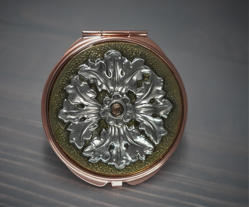 锡雕  绿底玫瑰金文艺复兴风格 精巧随身镜 - 名片夹/名片盒 - 其他金属 银色