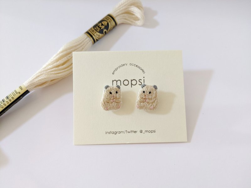 Kinkuma hamster embroidery earrings / Clip-On - 耳环/耳夹 - 绣线 咖啡色