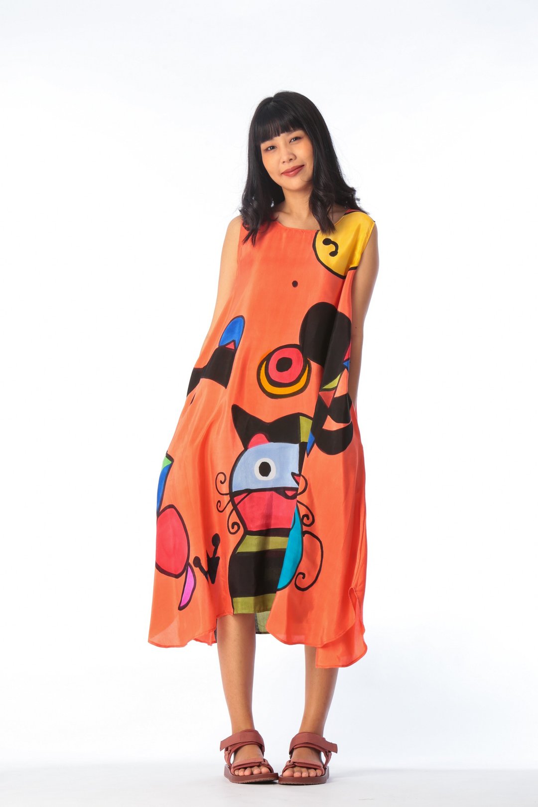 Dress Hand Paint Soft Cotton Silk for Yoga Vacation Holidays - 洋装/连衣裙 - 棉 橘色
