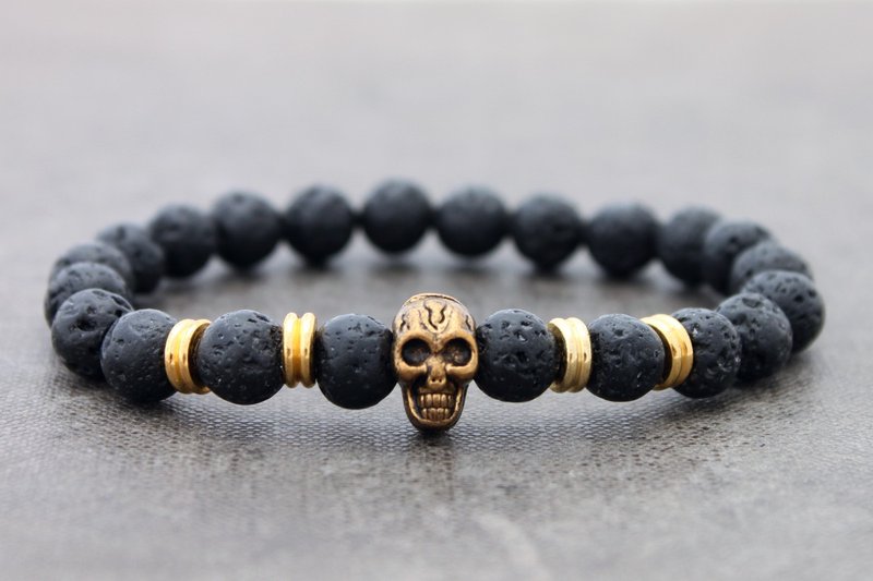 串珠的熔岩石手镯伸展头骨男人中性 - 手链/手环 - 石头 黑色